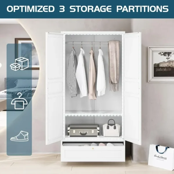 Wardrobe with drawers, 2-door wardrobe, 72" metal locker with rail, bedroom closet laundry - Image 2