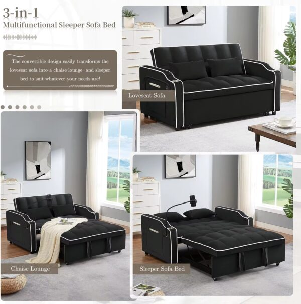 3 in 1 Convertible Sleeper Sofa Bed,Velvet Pull Out Couch Bed w USB&Type C Port,Comfy Futon Loveseat w Adjustable Backrest Phone - Image 3