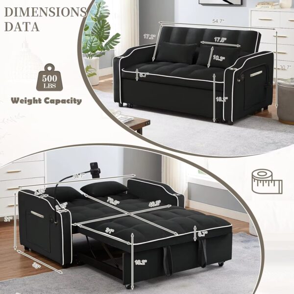 3 in 1 Convertible Sleeper Sofa Bed,Velvet Pull Out Couch Bed w USB&Type C Port,Comfy Futon Loveseat w Adjustable Backrest Phone - Image 4