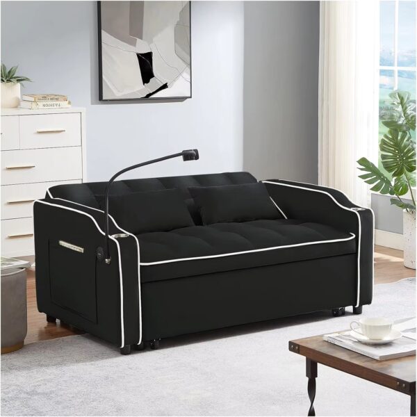 3 in 1 Convertible Sleeper Sofa Bed,Velvet Pull Out Couch Bed w USB&Type C Port,Comfy Futon Loveseat w Adjustable Backrest Phone - Image 2